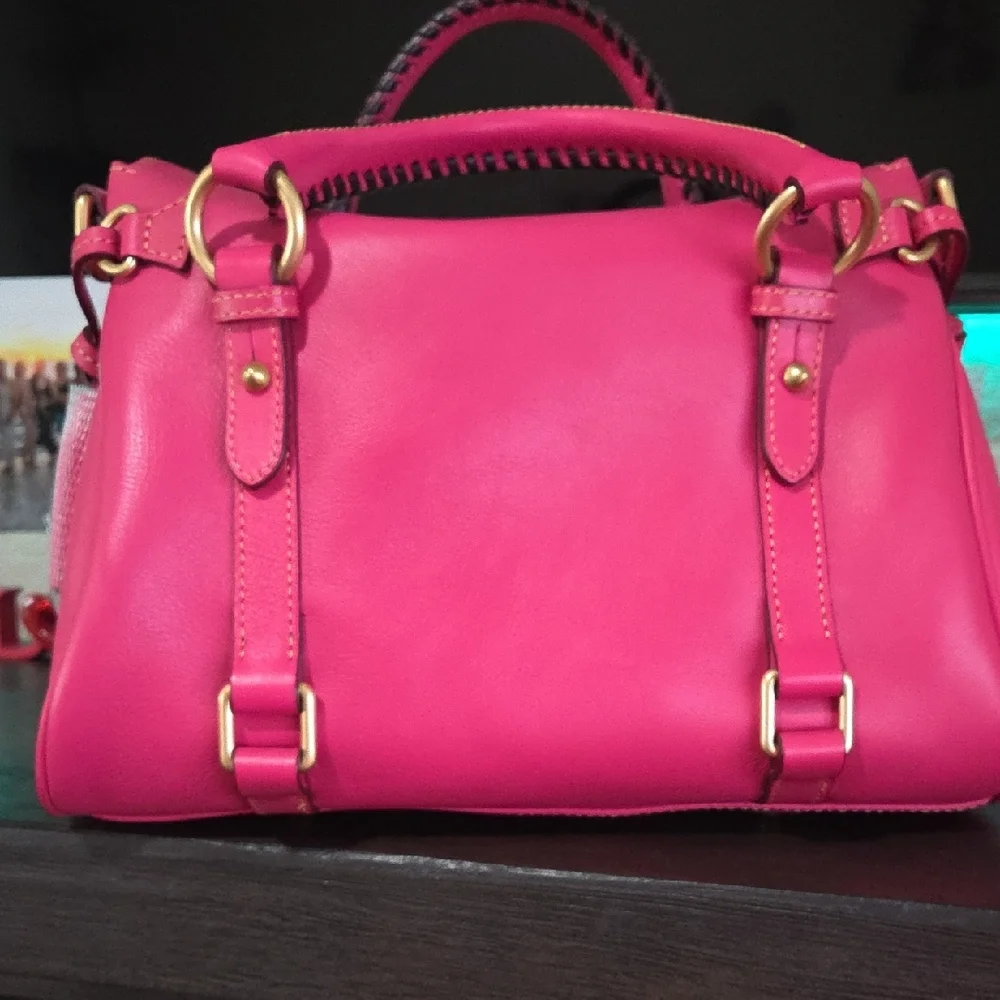 Dooney & Bourke Fushia Florentine Satchel with Kisslock Coin purse Gold Hardware - Picture 3 of 8